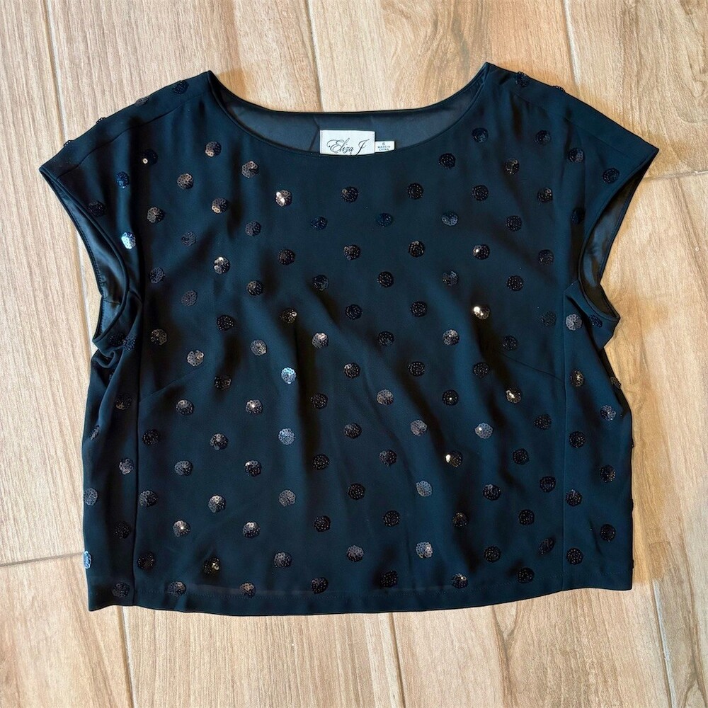 Eliza J Blouse Womens Size 6 Black Sequin Polka Dot Cap Sleeve Scoop Neck